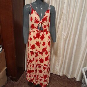 Cream w/ Red Floral Cutout Tiered Maxi Spaghetti Strap Women's Dress Size XL